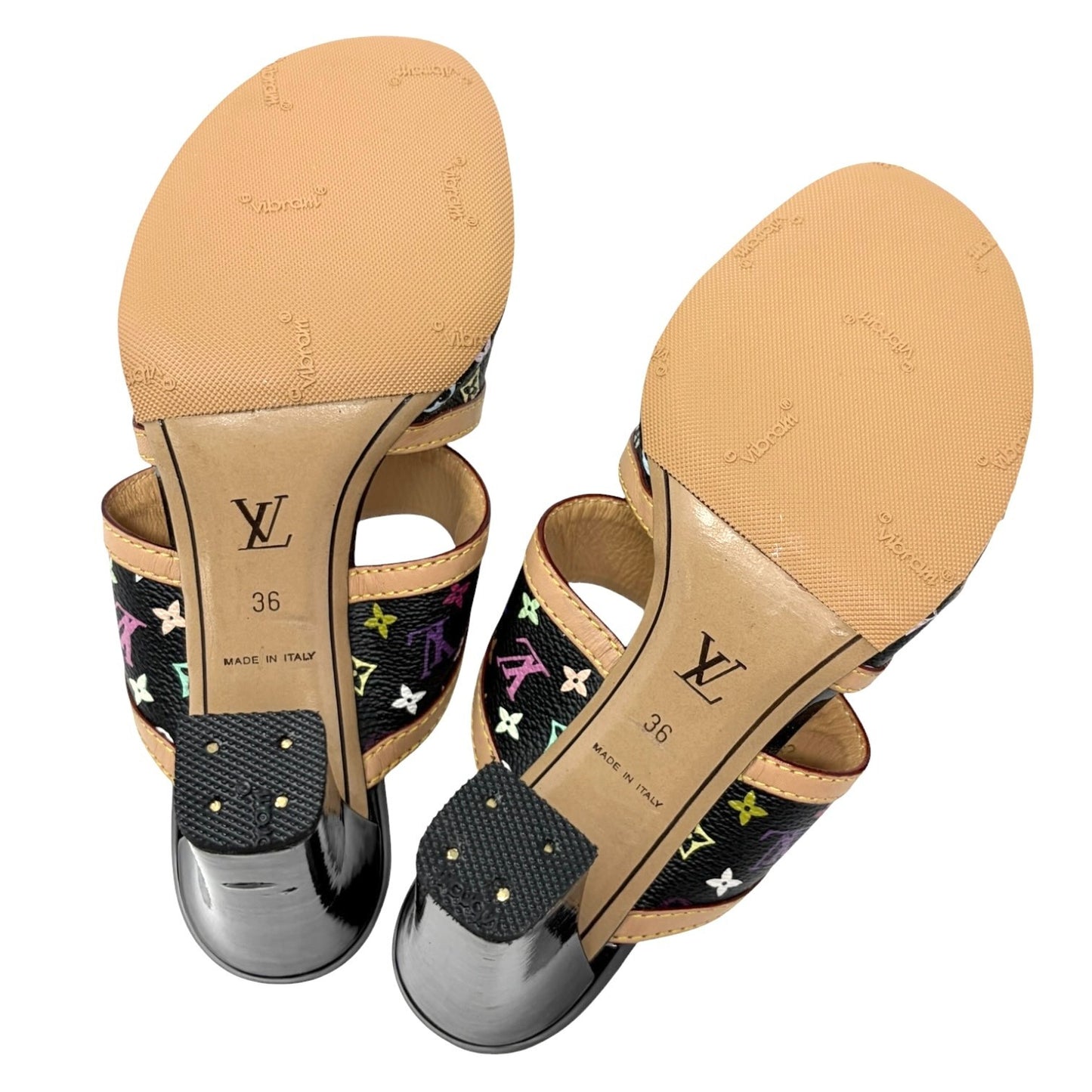 LOUIS VUITTON Vintage Monogram Multicolor Flower Sandals #36 Black Beige 901839