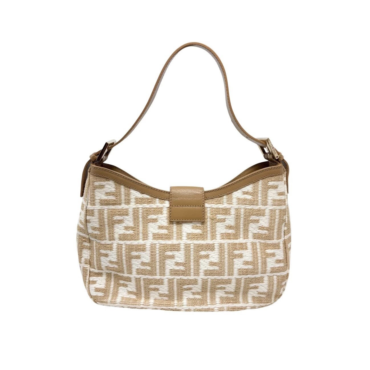 FENDI Vintage FF Logo Zucca Raffia Hobo Shoulder Bag Brown White Leather