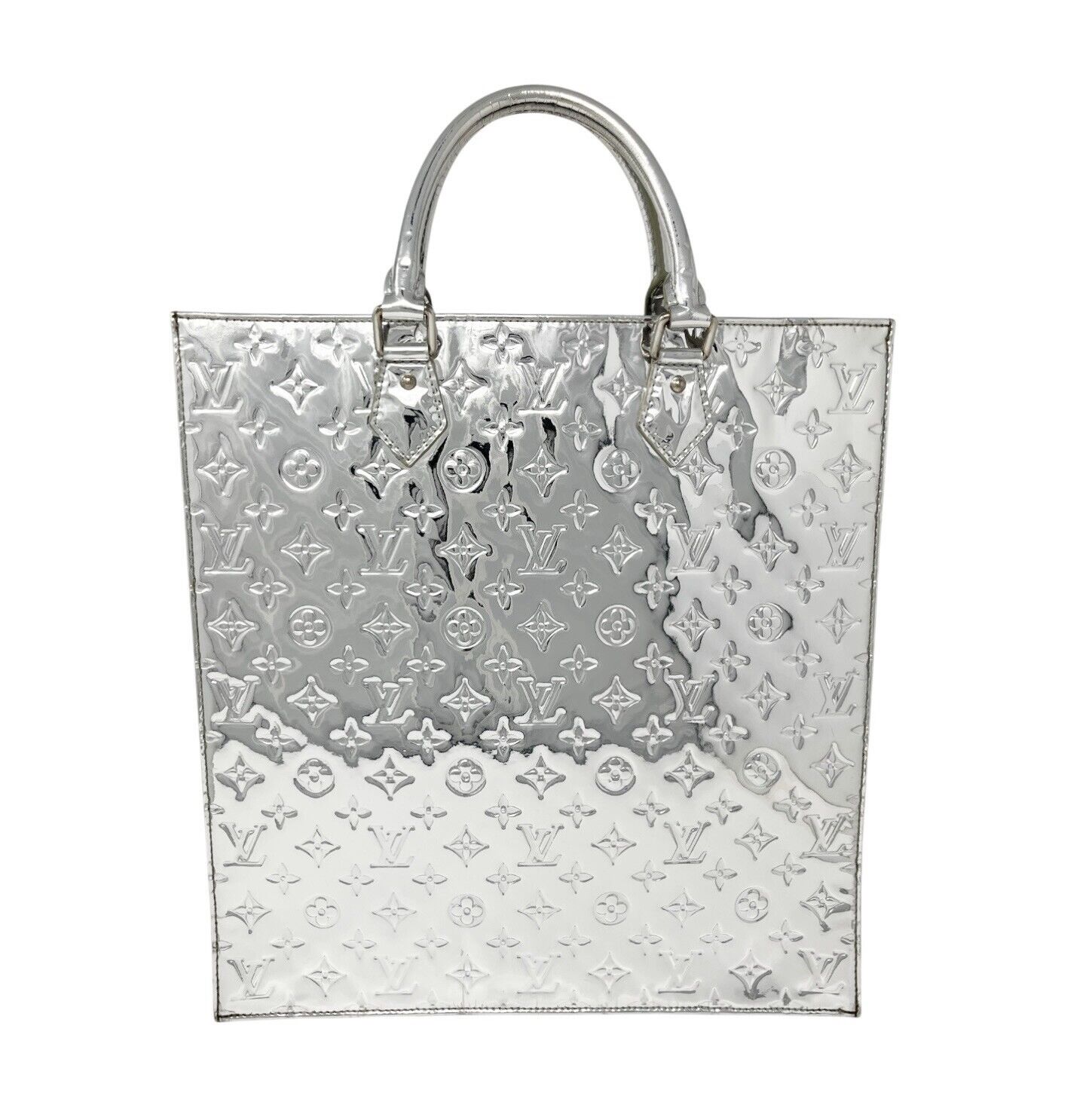 LOUIS VUITTON Vintage M40269 Monogram Mirror Sac Plat Tote Bag Silver Leather