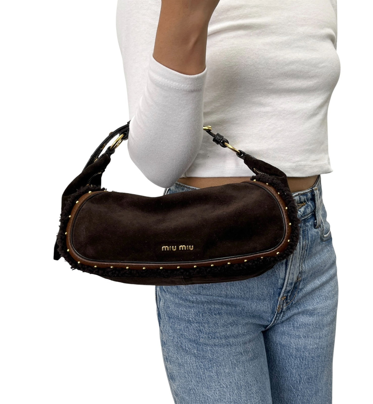 miumiu Vintage Shearling Studded Shoulder Bag Suede Boa Brown Gold 902328
