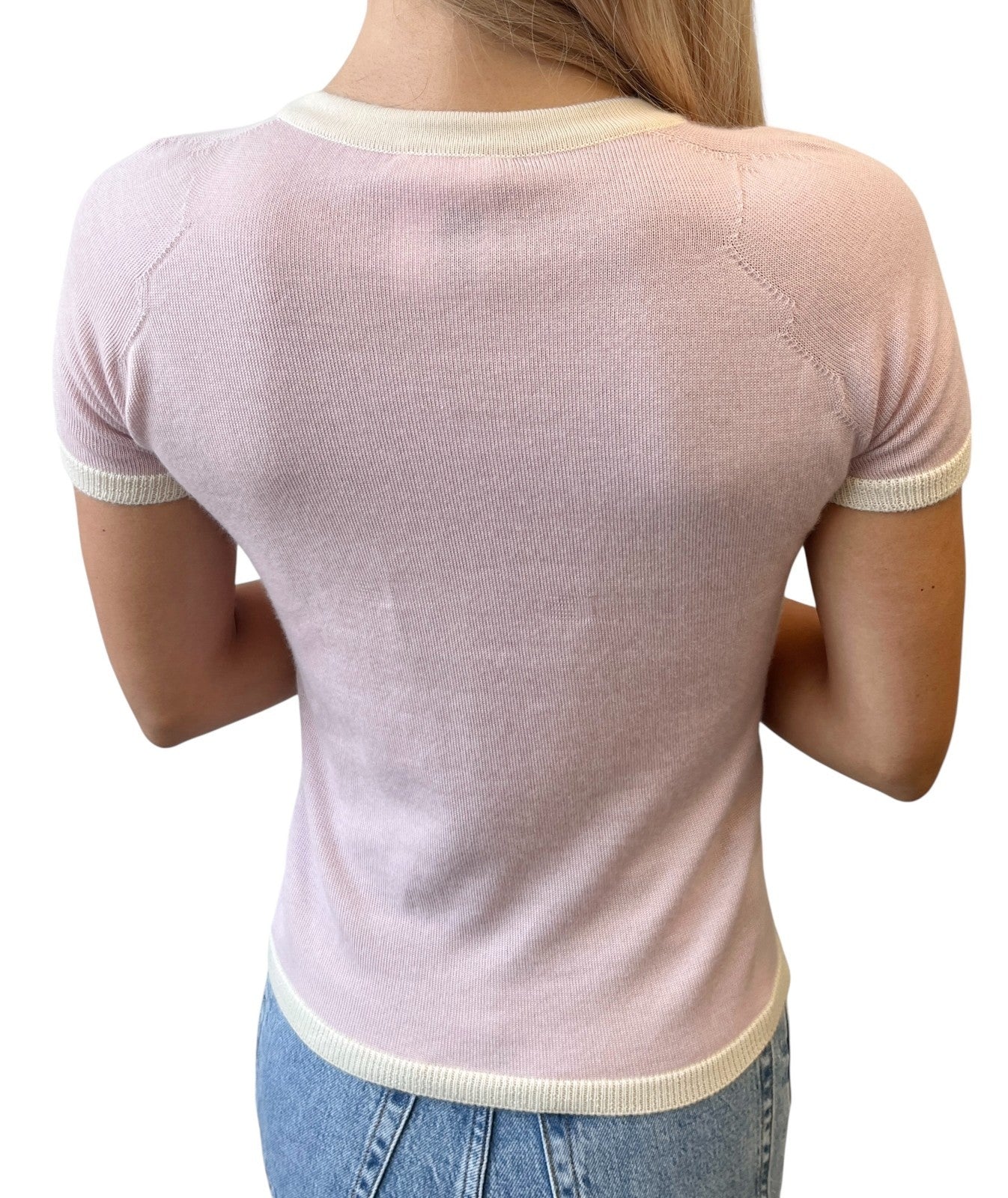 CHANEL Vintage 04C CC Logo Knit T-shirt #38 Short Sleeve Top Pink Cashmere