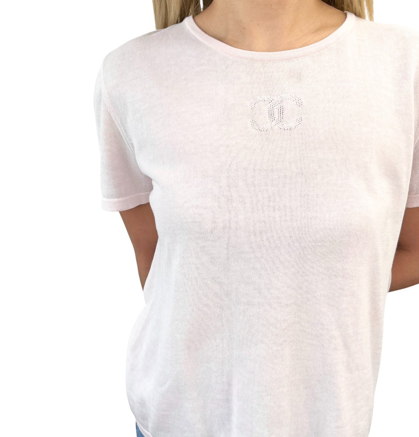 CHANEL Vintage 06P CC Mark Logo Short Sleeve Top #38 T-shirt Pink Cotton Mesh