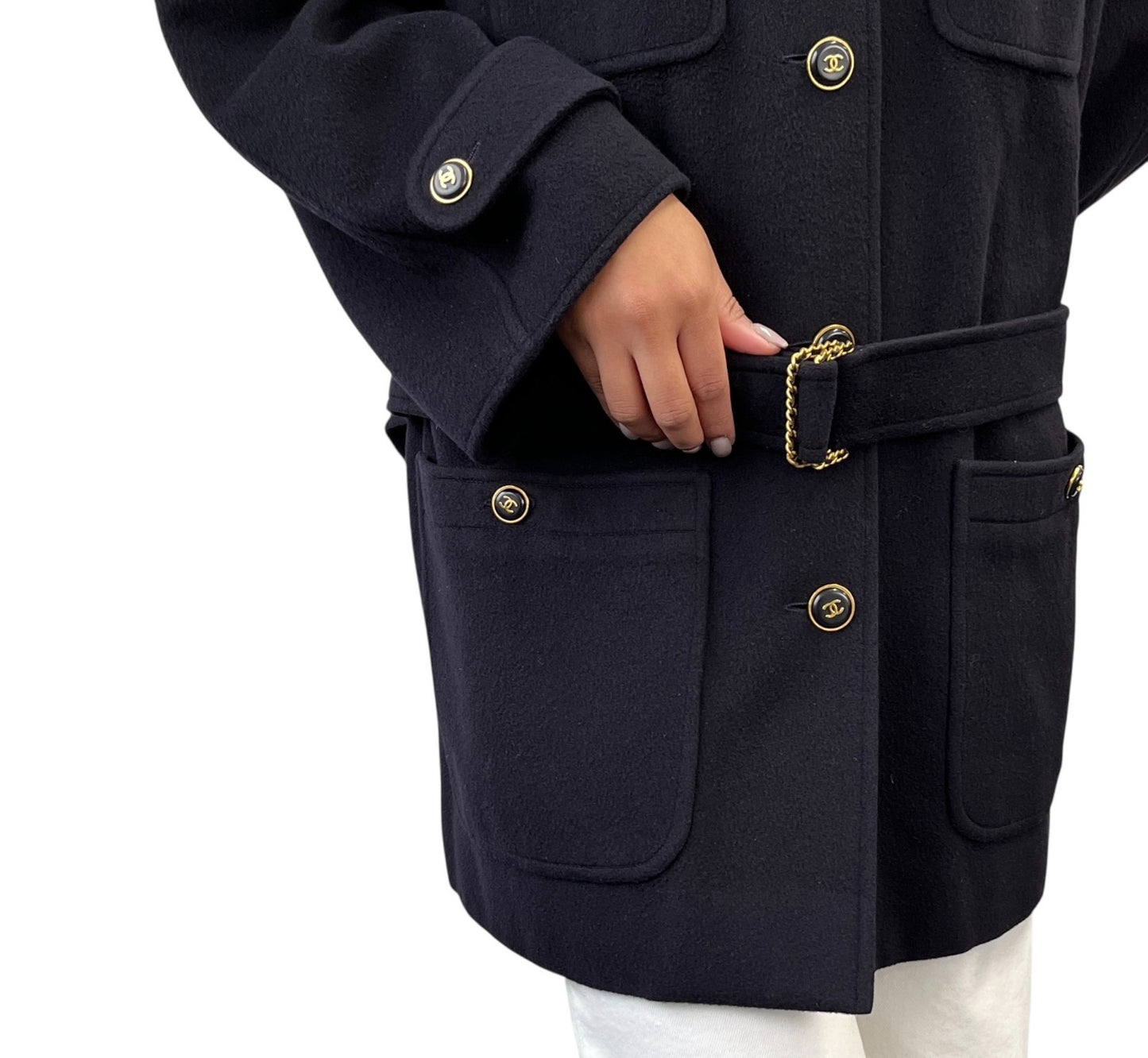 CHANEL Vintage 95A CC Button Cashmere Coat Jacket #40 Belt Dark Blue Gold