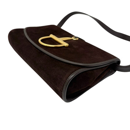 GUCCI Vintage Logo Horsebit Crossbody Bag Brown Gold Suede Leather 902824