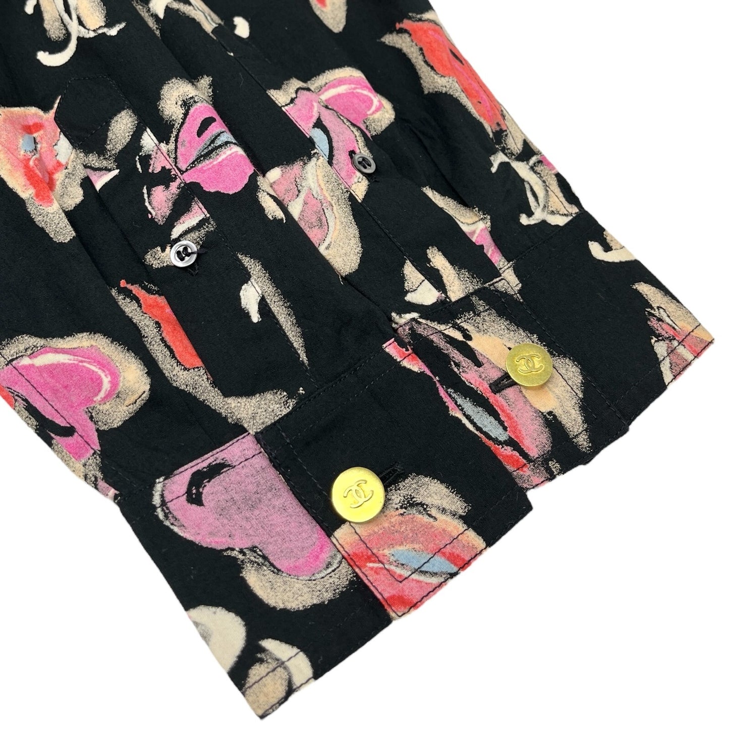 CHANEL Vintage 1995 CC Logo Lip Print Shirt Blouse Top Button Black Pink Cotton
