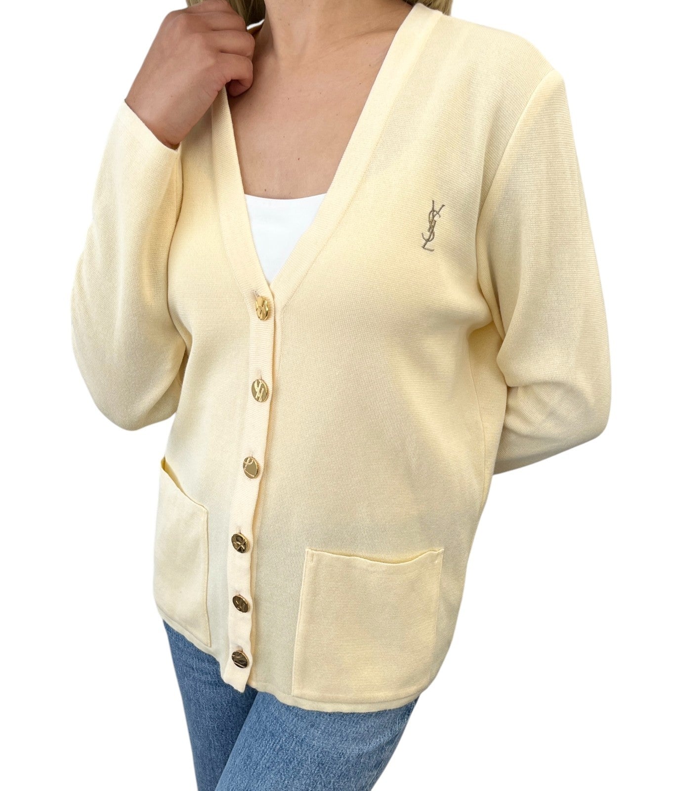 Yves Saint Laurent Vintage YSL Logo Cardigan Sweater Top #M Cream Gold 902402