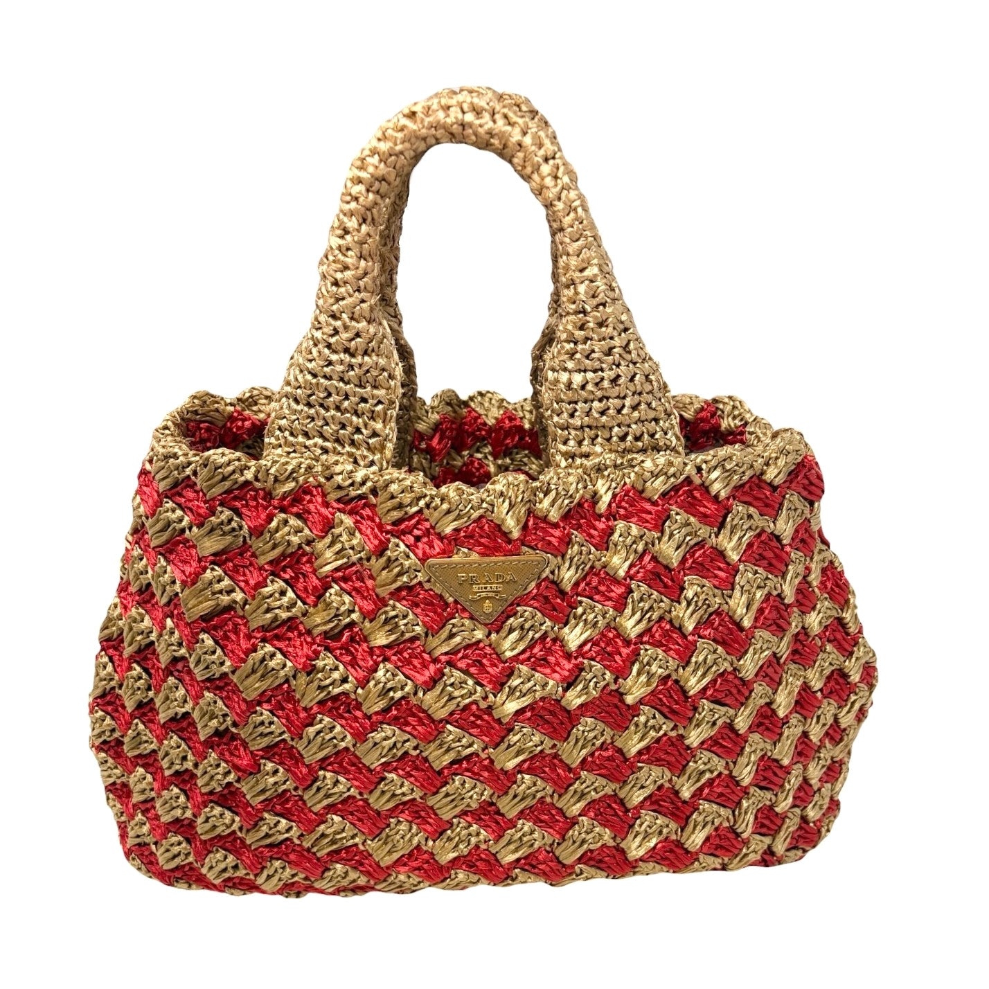PRADA Vintage Triangle Logo Raffia Canapa Tote Bag Red Beige Gold Crochet 901970