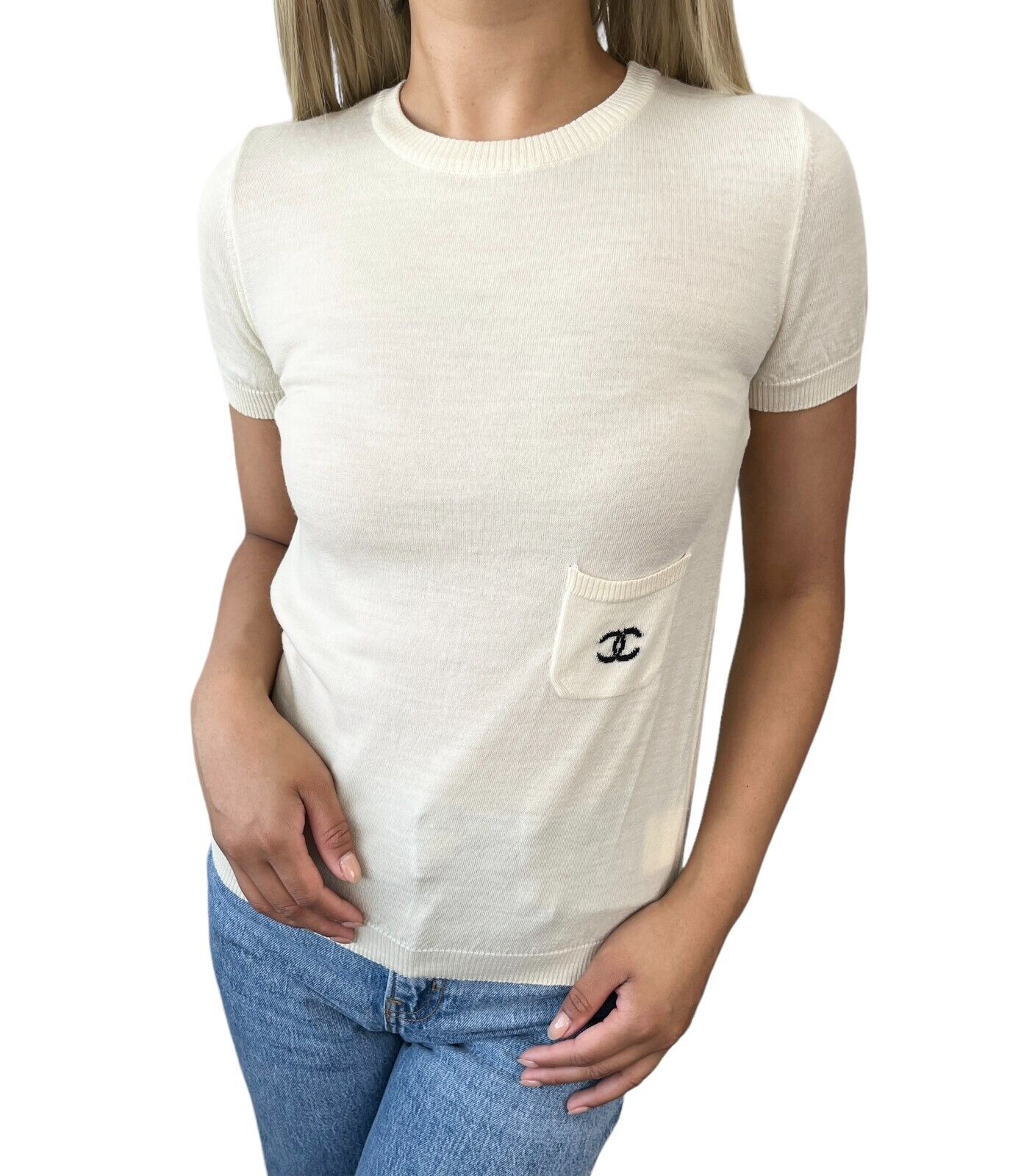 CHANEL Vintage 05A CC Mark Logo Knit T-shirt Top #36 Pocket Cream Wool Rank AB+