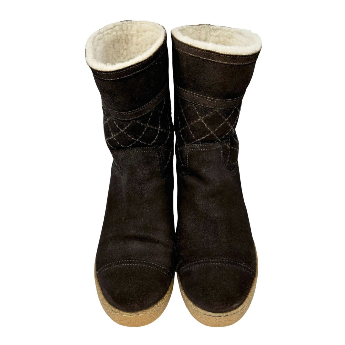 CHANEL Vintage CC Mark Logo Mid Calf Boots #39.5 Stitch Dark Brown Cream Suede