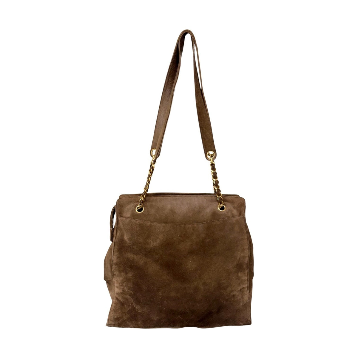 CHANEL Vintage Stitch CC Logo Suede Chain Tote Shoulder Bag Brown 902376