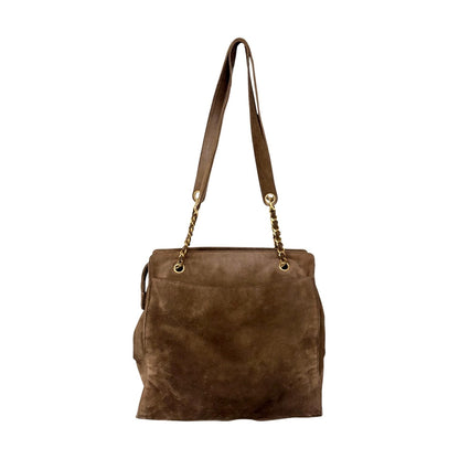 CHANEL Vintage Stitch CC Logo Suede Chain Tote Shoulder Bag Brown 902376