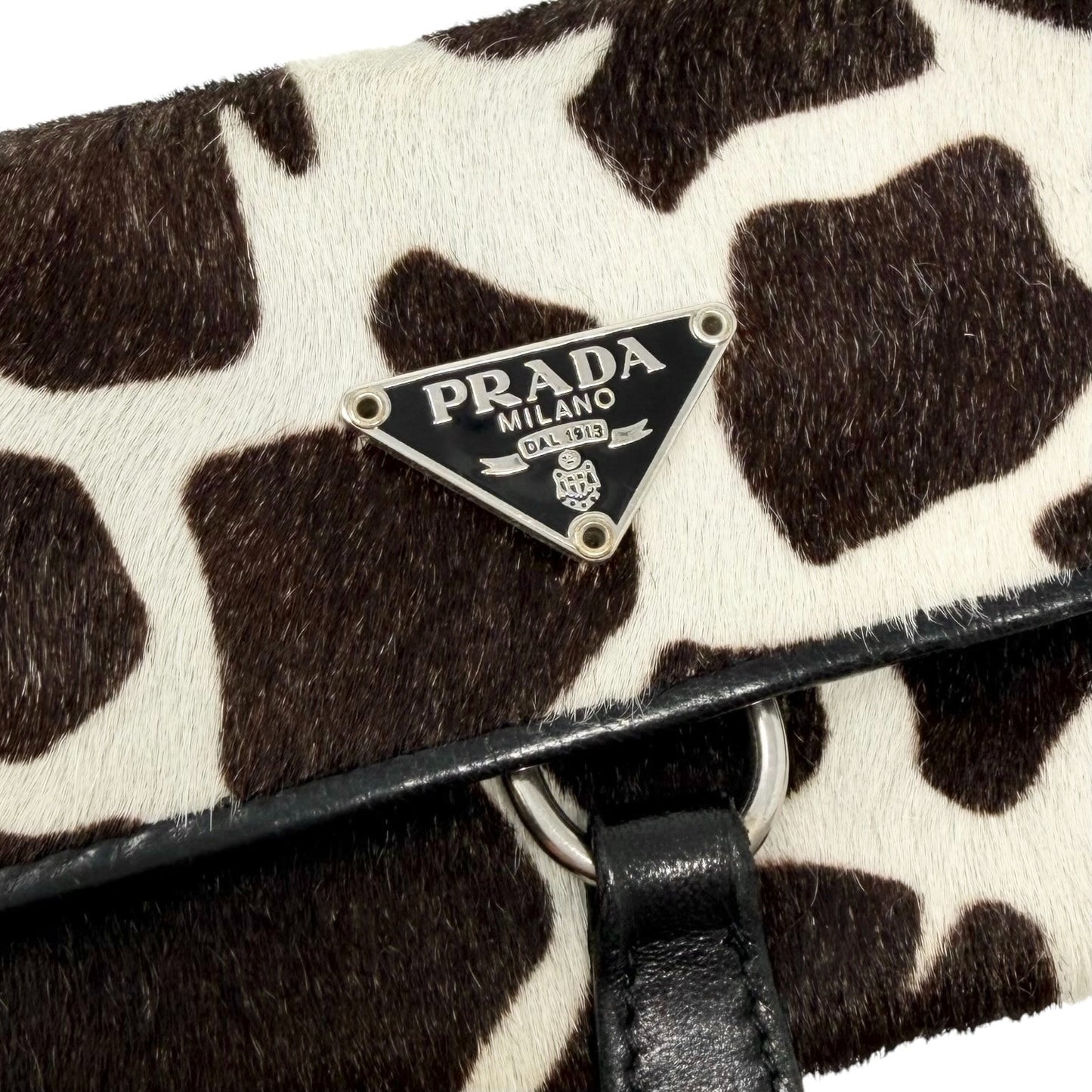 PRADA Vintage Triangle Logo Giraffe Pony Hair Mini Key Case Brown White 902440