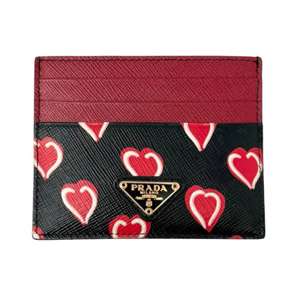 PRADA Vintage Triangle Logo Heart Wallet Card Holder Black Red Leather 902286
