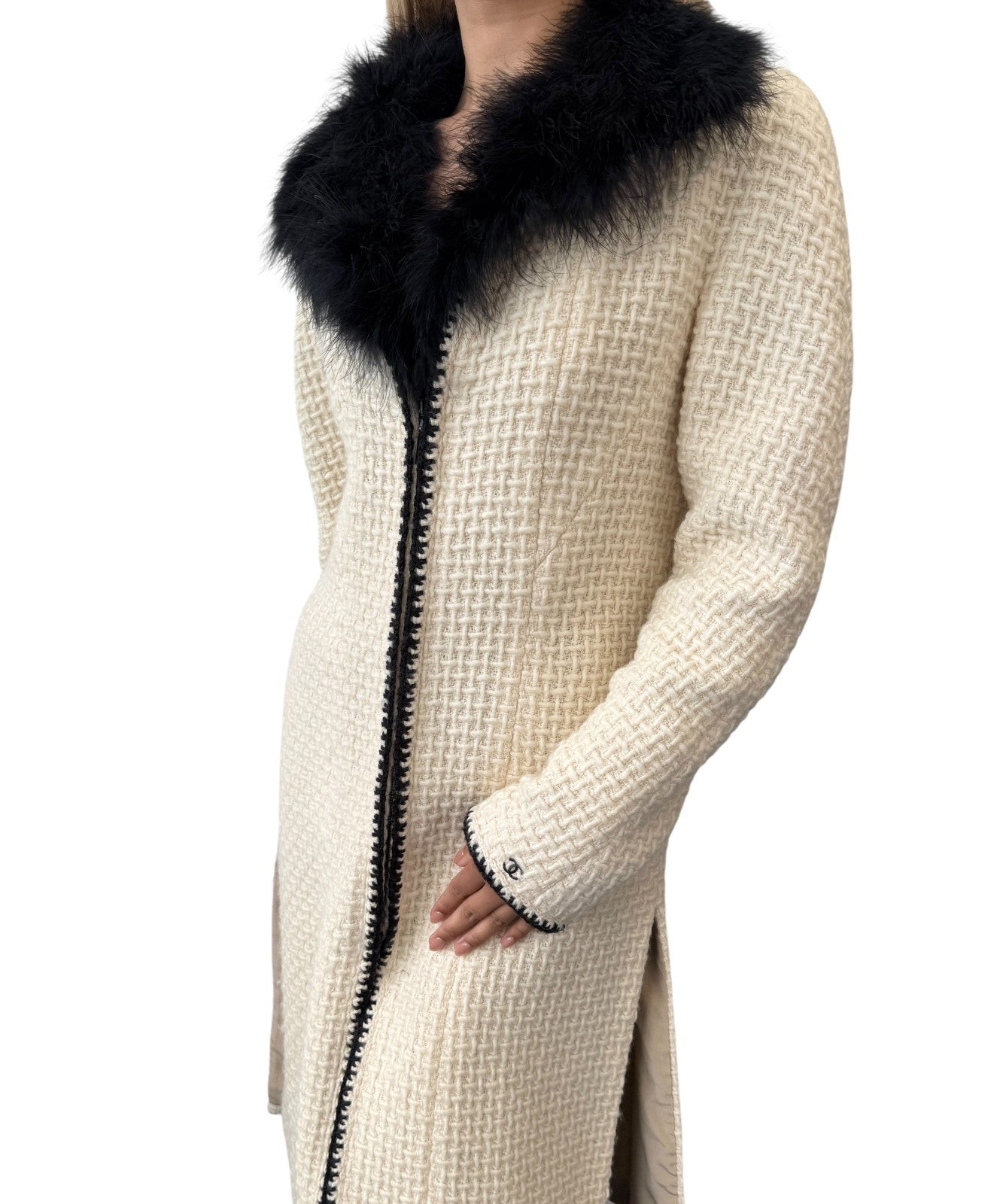 CHANEL Vintage 00A CC Logo Tweed Long Coat Fur Jacket #38 Zip Cream Black Wool