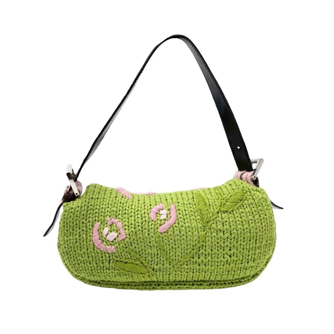 FENDI Vintage FF Mamma Baguette Crochet Shoulder Bag Flower Green Pink Wool
