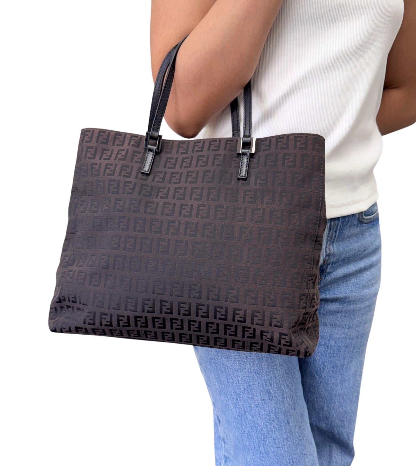 FENDI Vintage FF Logo Zucchino Monogram Tote Hand Bag Brown Black 902444