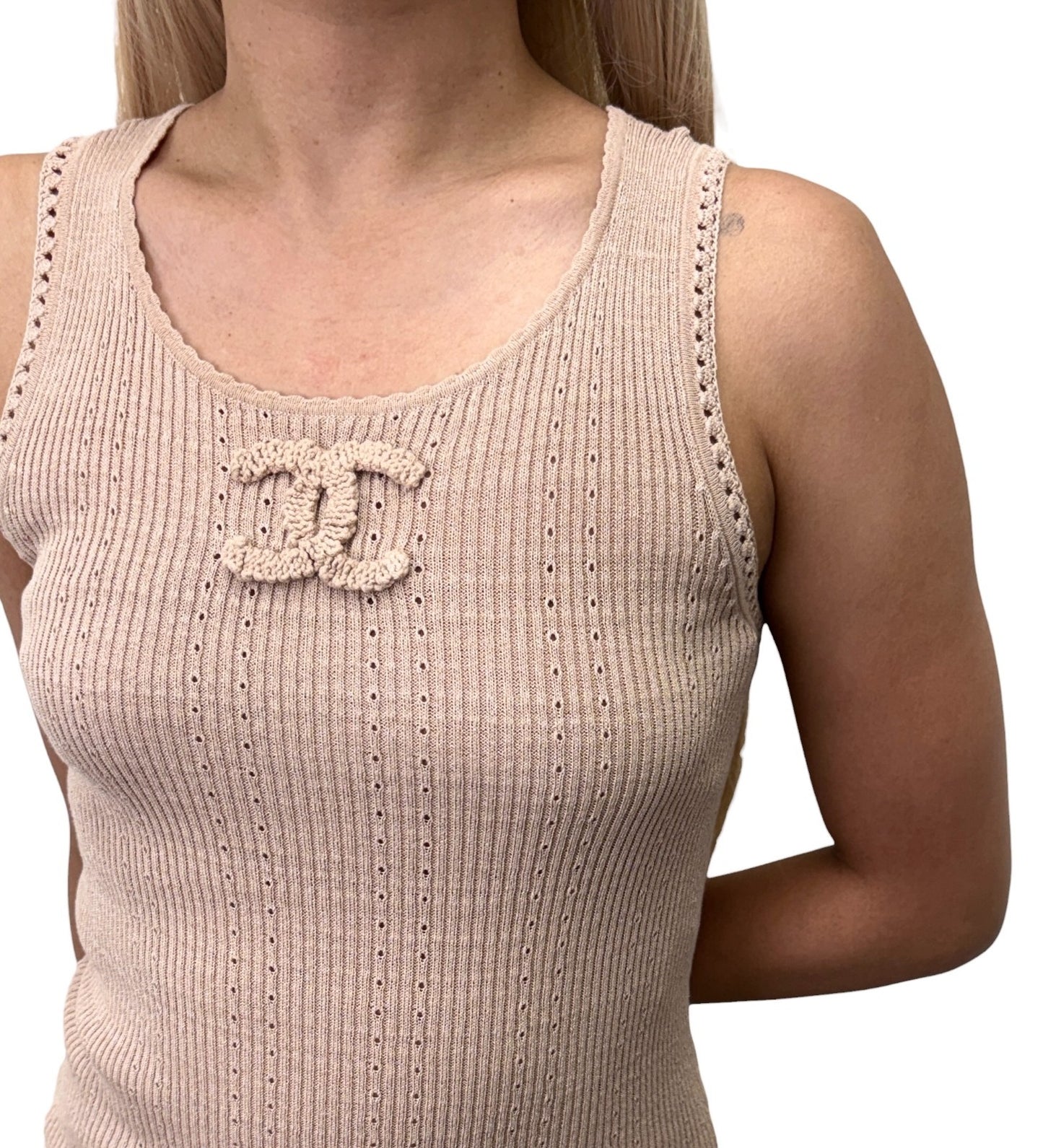 CHANEL Vintage 09P CC Logo Rib Knit Tank Top #34 Beige Sleeveless 902428