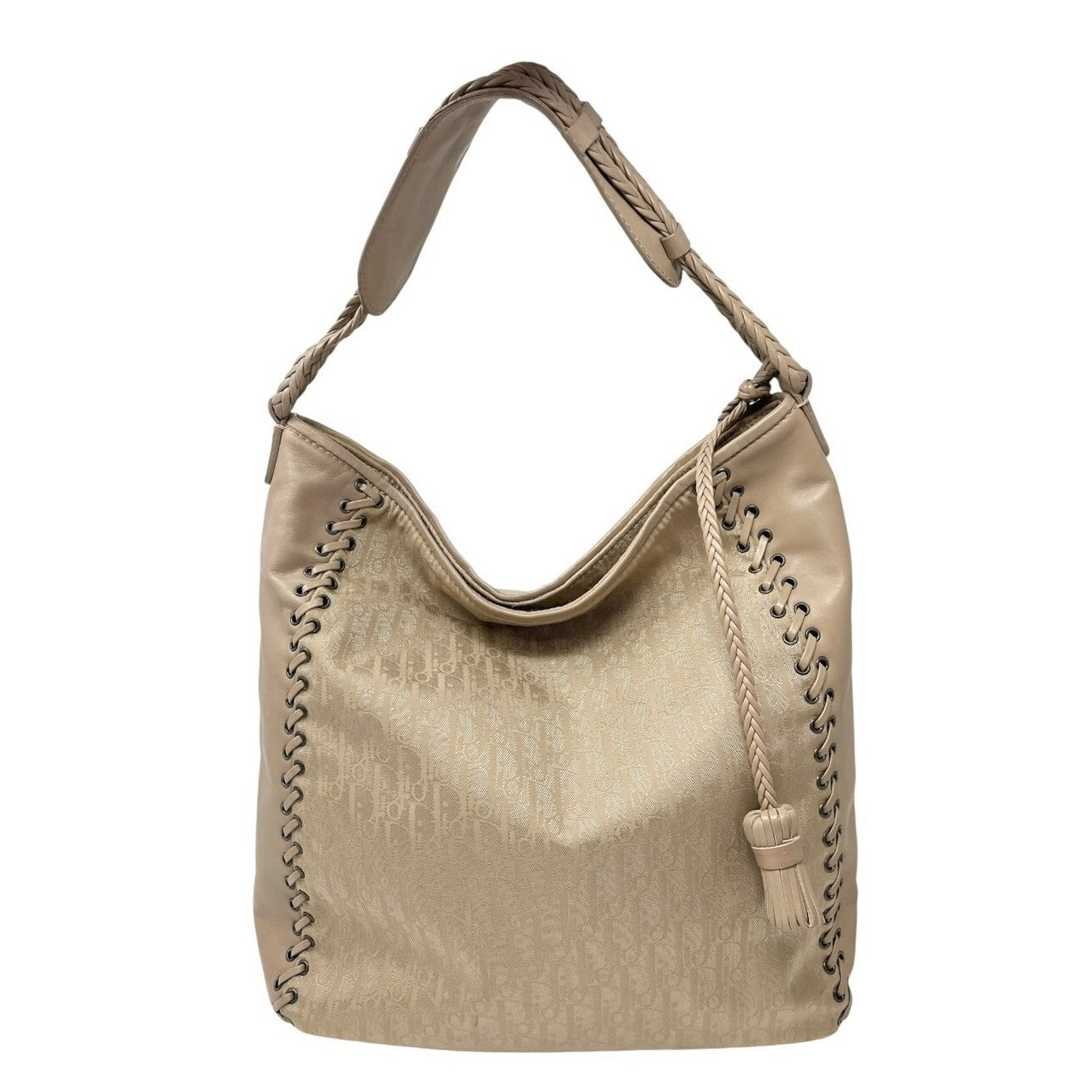 Christian Dior Vintage 2007 Logo Trotter Monogram Tote Bag Beige Nylon Leather