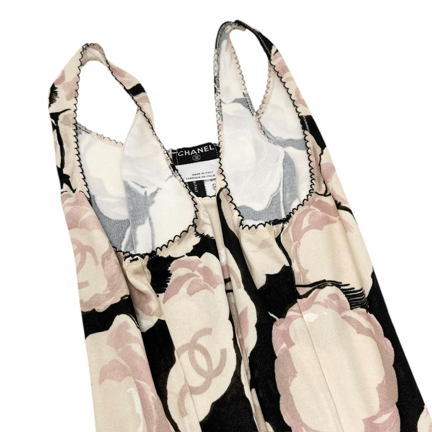 CHANEL Vintage 04A CC Camellia Logo Tank Top #38 Black Beige Pink Rayon