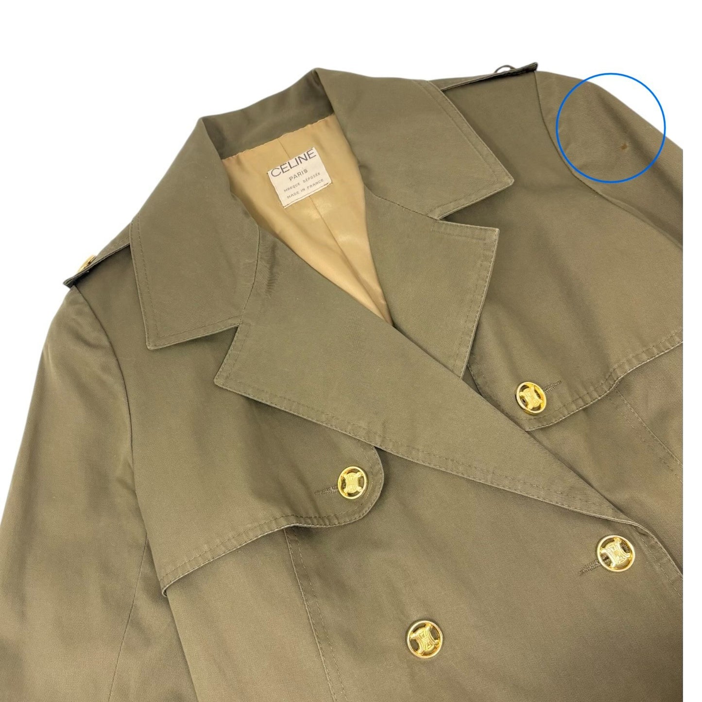 CELINE Vintage Macadam Logo Button Trench Coat Long Jacket Khaki Gold Cotton