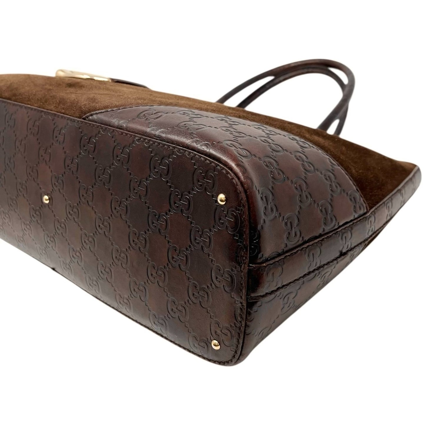 GUCCI Vintage GG Monogram Horsebit Suede Shoulder Bag Tote Brown Gold Leather