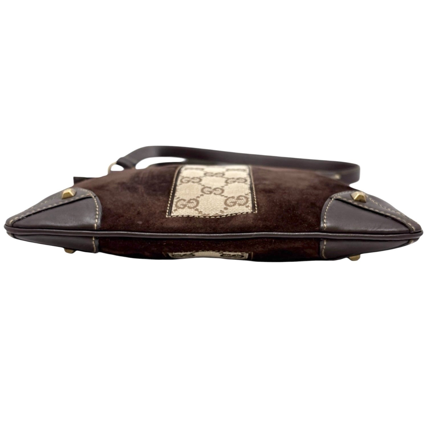 GUCCI Vintage GG Monogram Crossbody Bag Brown Gold Suede Canvas Studs Nailhead