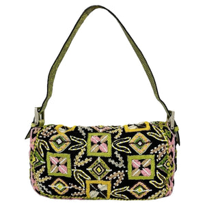 FENDI Vintage Beads Mamma Baguette Shoulder Bag Light Green Pink Wool Rank AB