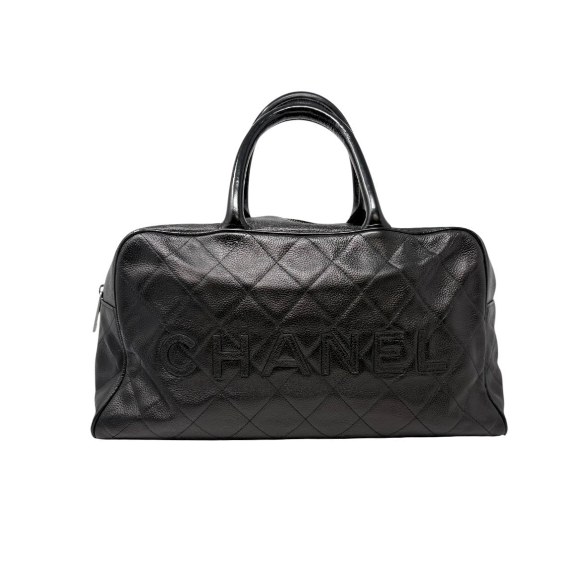CHANEL Vintage CC Big Logo Quilted Leather Bowling Boston Bag Black Silver