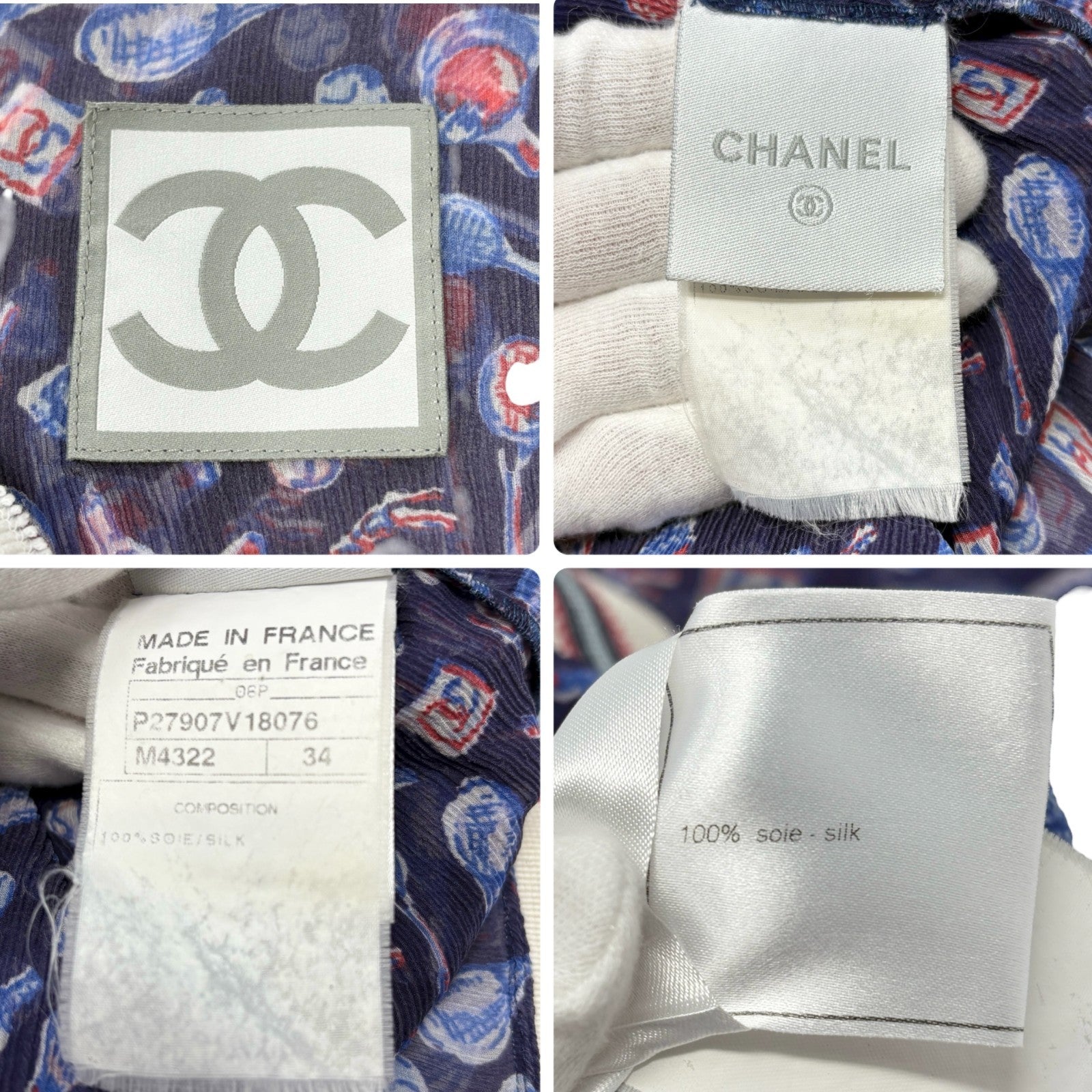 CHANEL Sport Vintage 06P Polo Shirt Top #34 Blue White Silk V-Neck Tennis