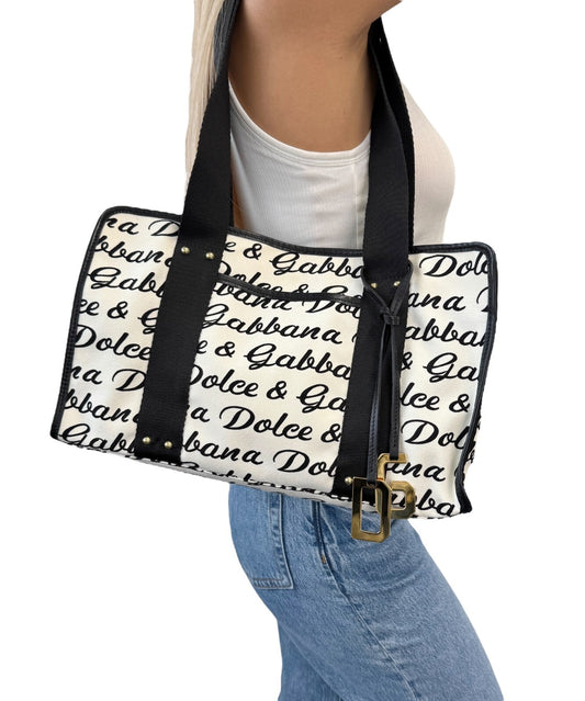 DOLCE&GABBANA Vintage D&G Logo Shoulder Bag White Black Gold Canvas Leather