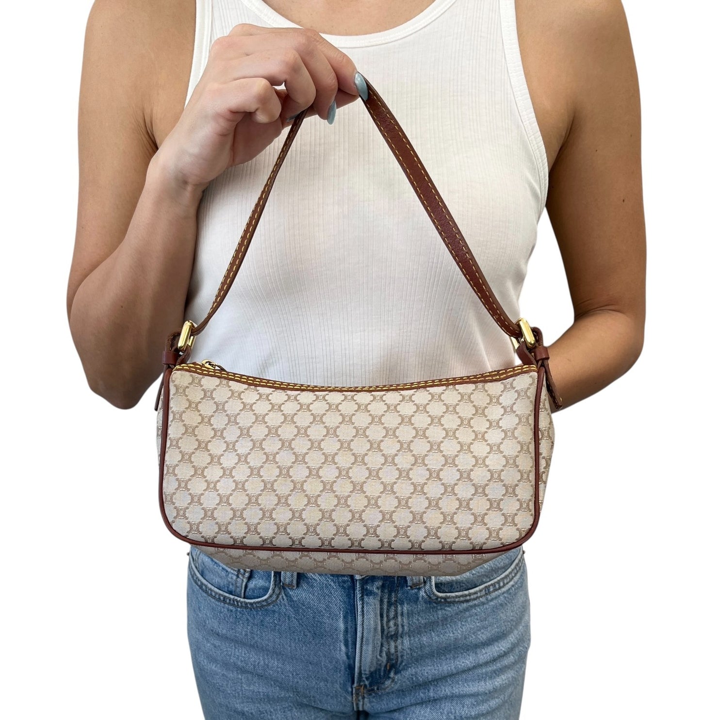 CELINE Vintage Macadam Monogram Canvas Shoulder Bag Pochette Brown Gray