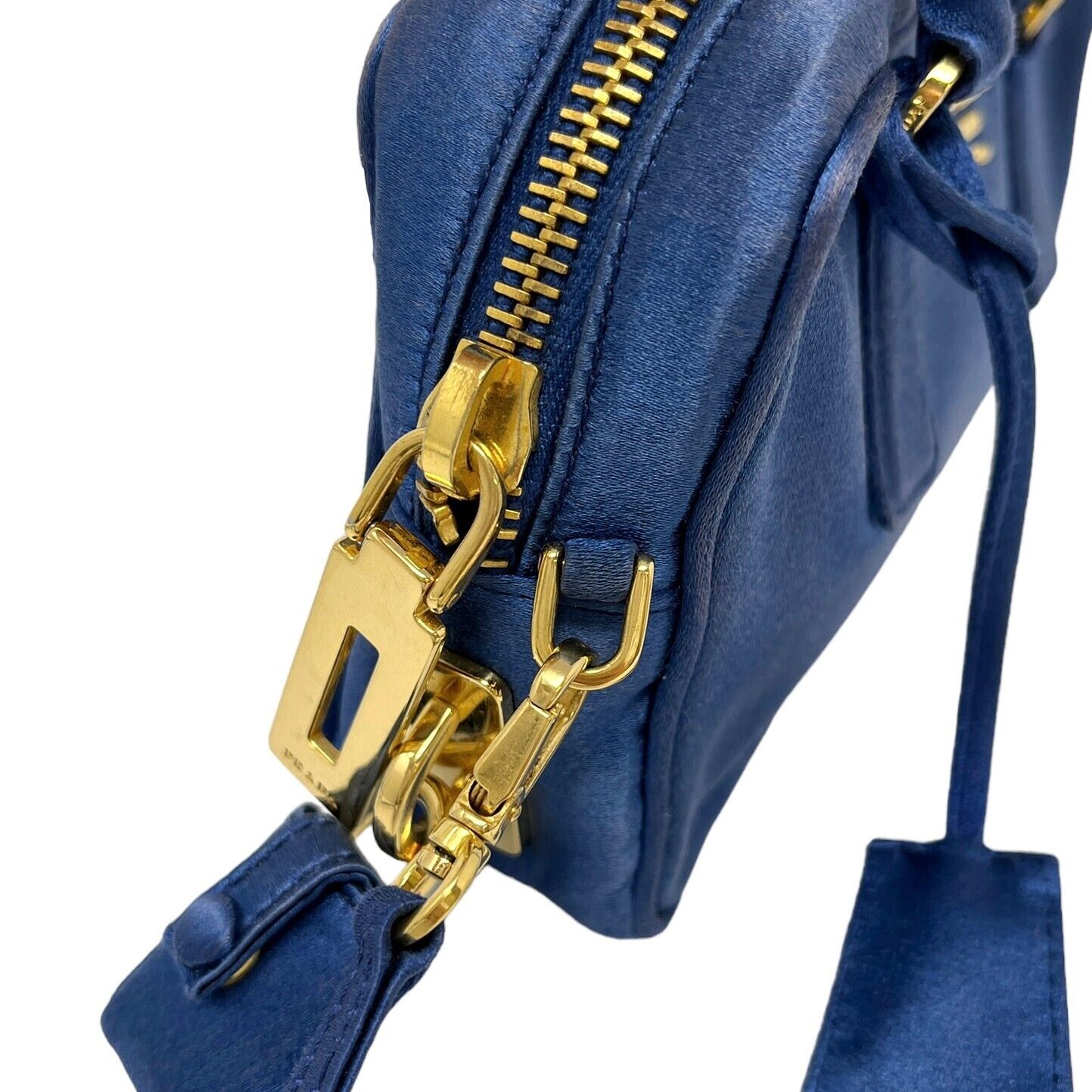 PRADA Vintage Logo Micro Bag Shoulder Bag 2way Padlock Zip Blue Gold Satin
