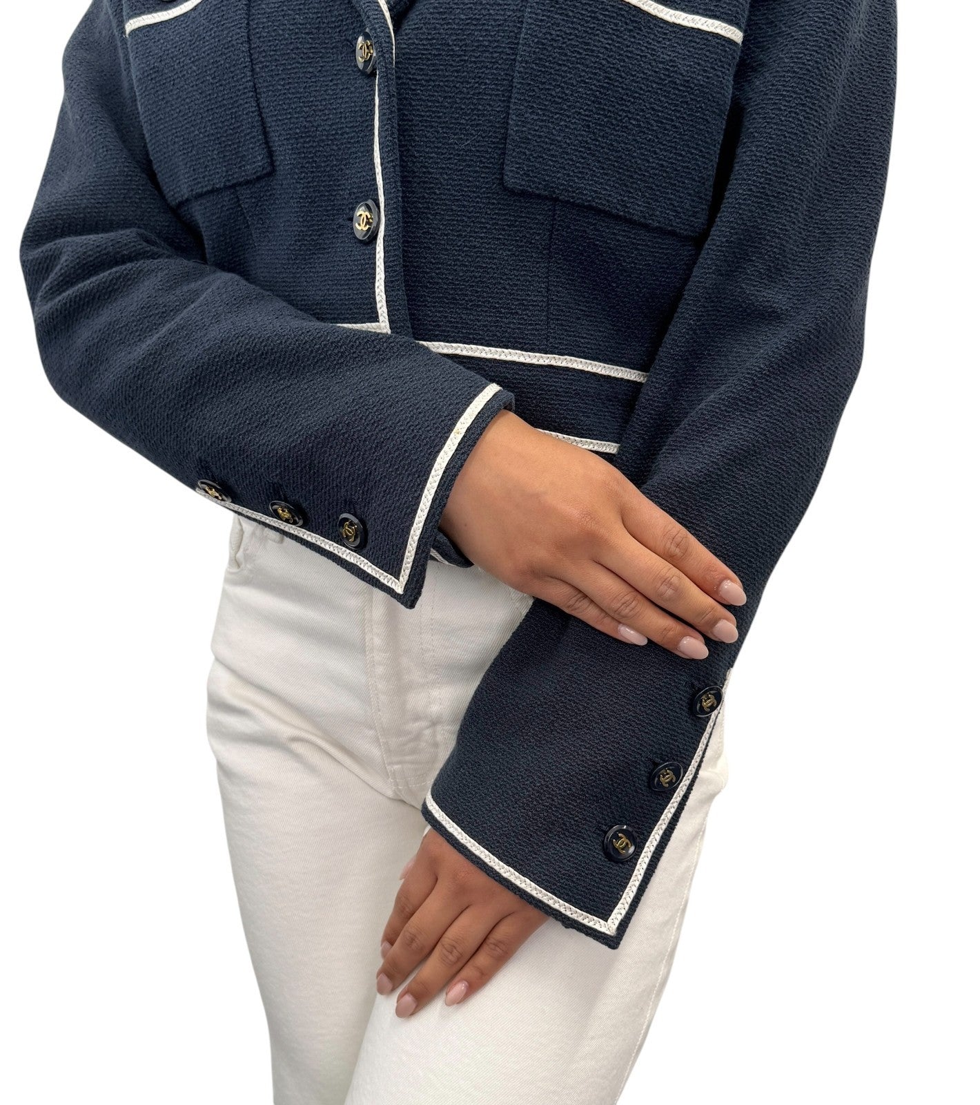 CHANEL Vintage P95 CC Logo Collared Cropped Jacket #42 Dark Blue Cotton Button