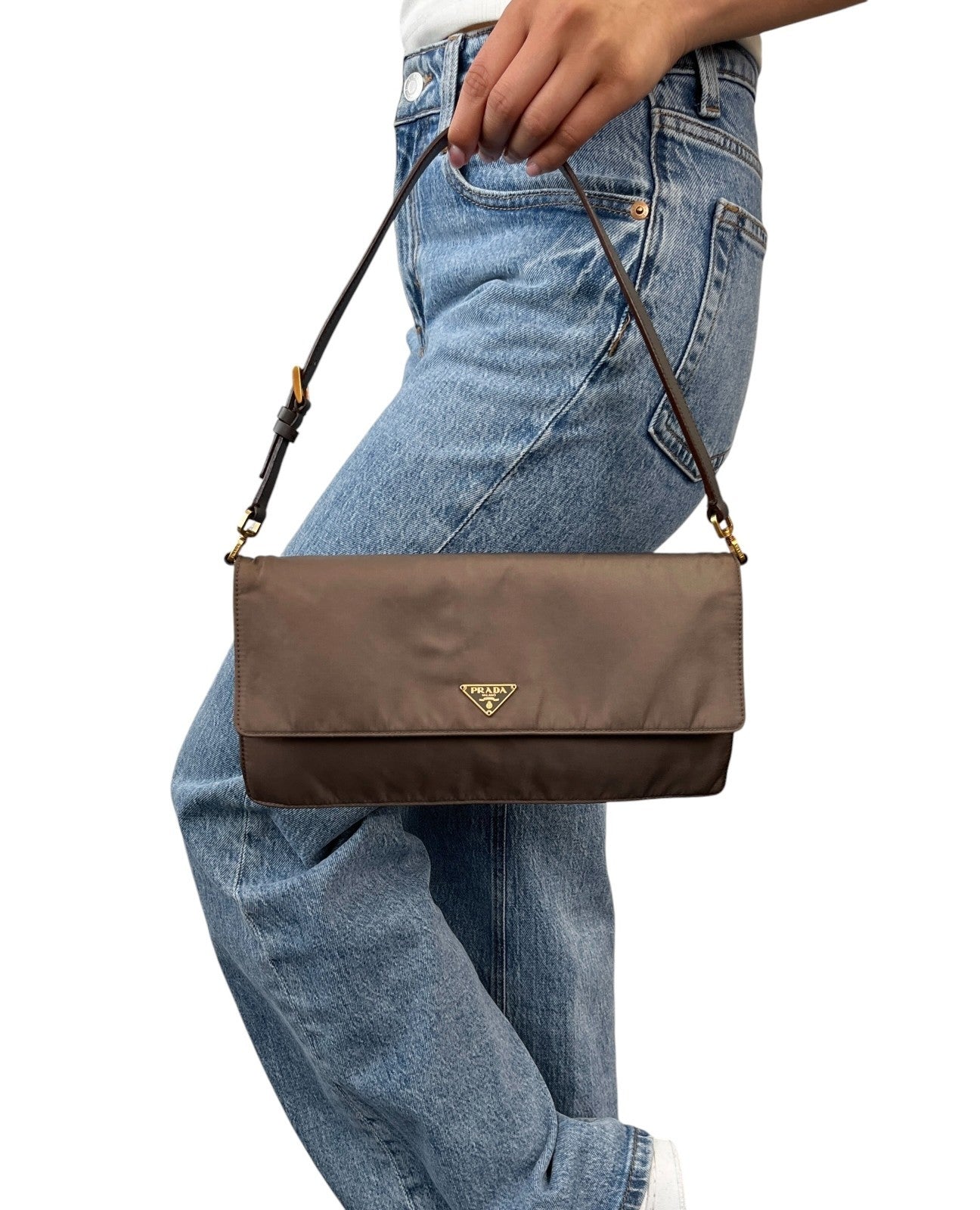 PRADA Vintage Triangle Logo Tessuto Shoulder Bag Khaki Gold Nylon 106543