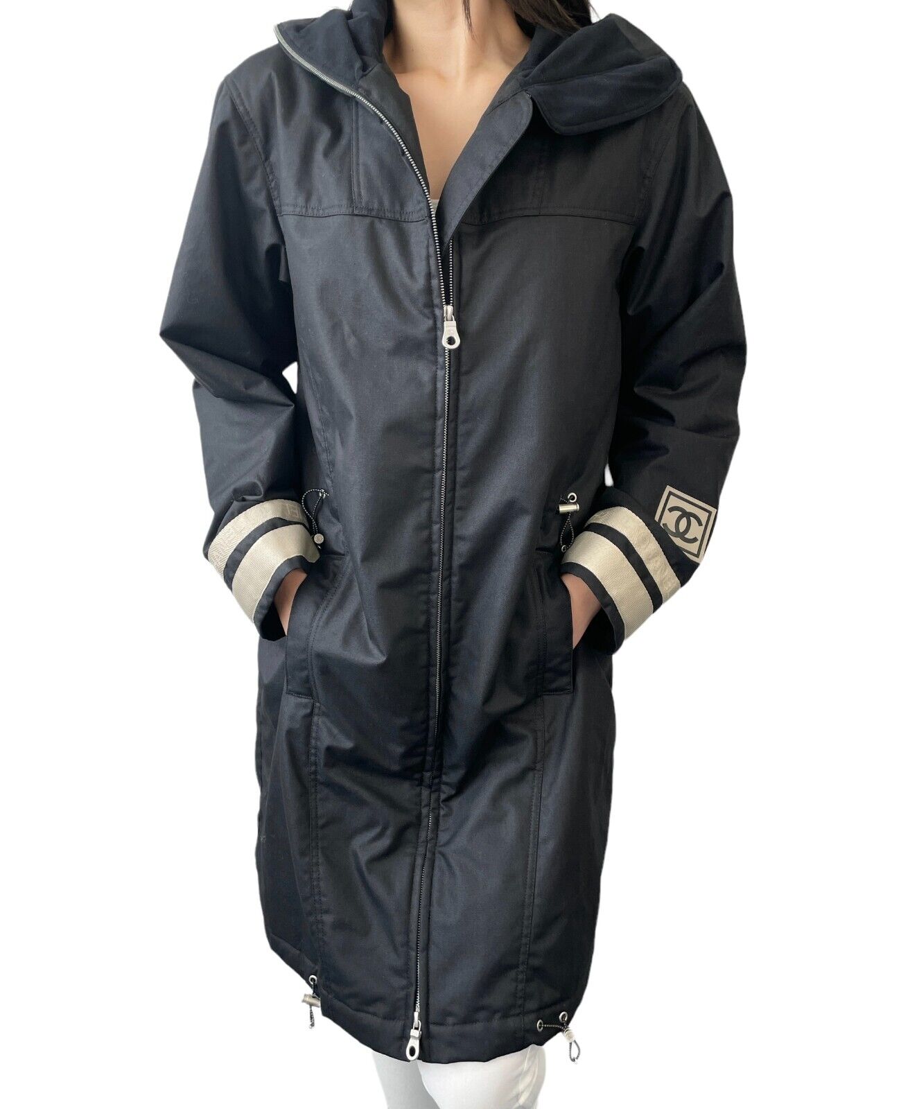 CHANEL Sport Vintage 02A CC Logo Zipped Hoodie Jacket Coat #36 Black Polyester
