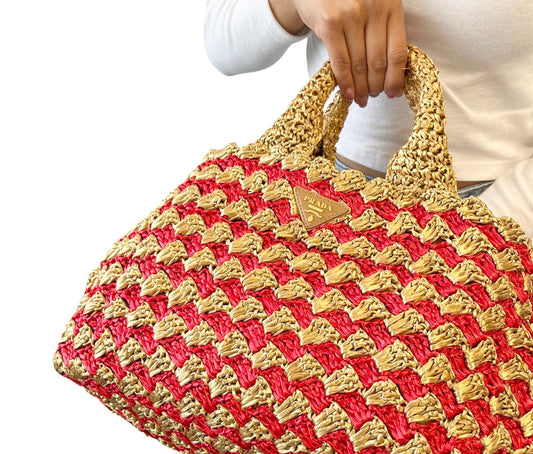 PRADA Vintage Triangle Logo Raffia Canapa Tote Bag Red Beige Gold Crochet 901970