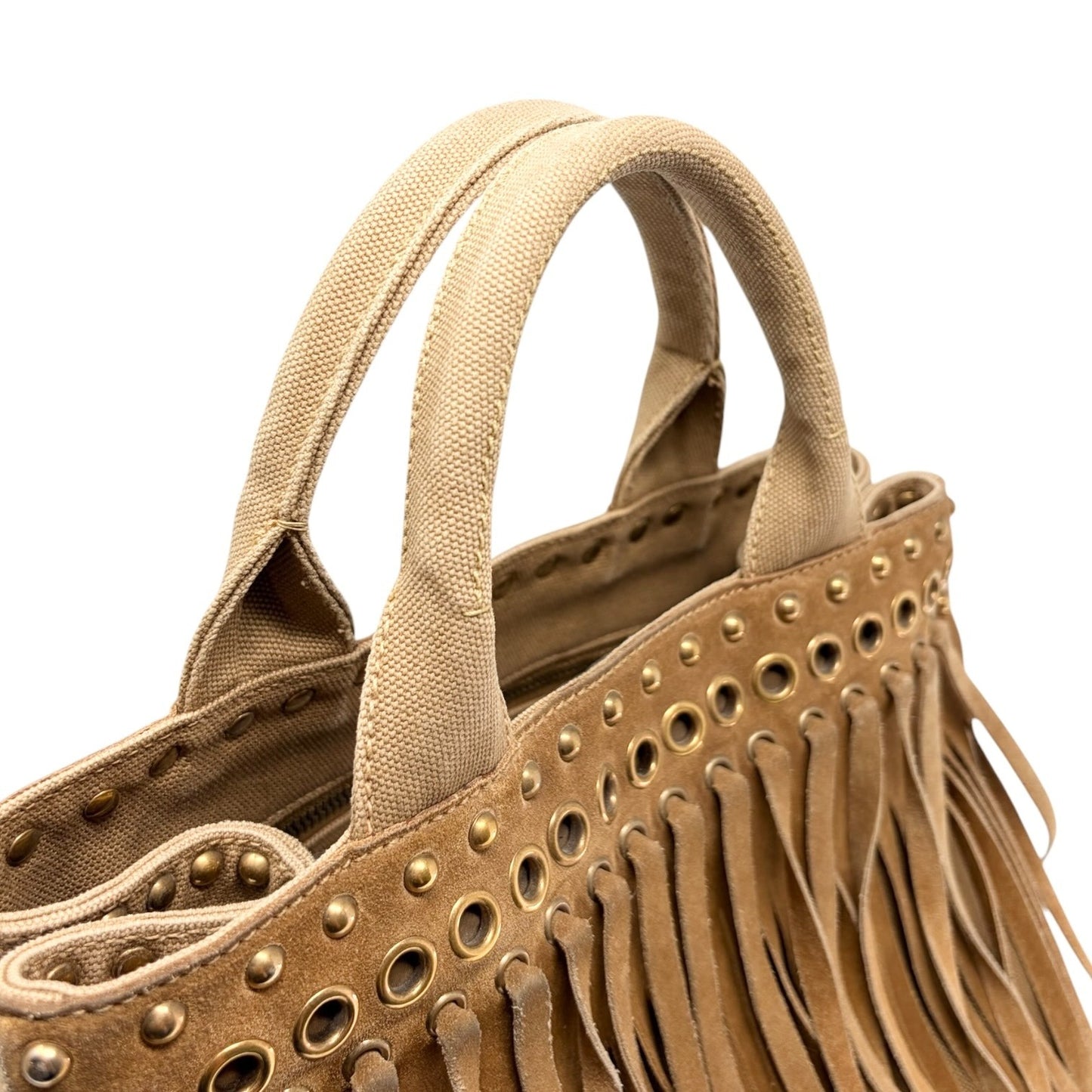 PRADA Vintage Logo Fringe Tote Bag Suede Canvas Brown Camel Gold 901835