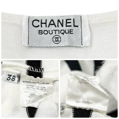 CHANEL Vintage CC Logo Strip T-shirt Top #38 White Black Cotton Short Sleeve