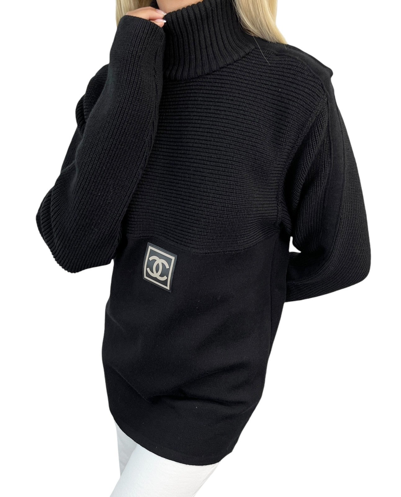 CHANEL Sport Vintage 02A CC Logo Sweater Top #38 Black Wool High Neck 902401