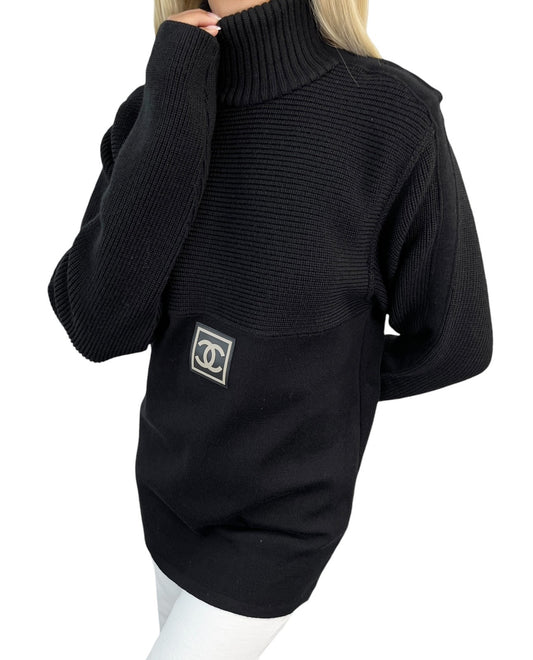 CHANEL Sport Vintage 02A CC Logo Sweater Top #38 Black Wool High Neck 902401