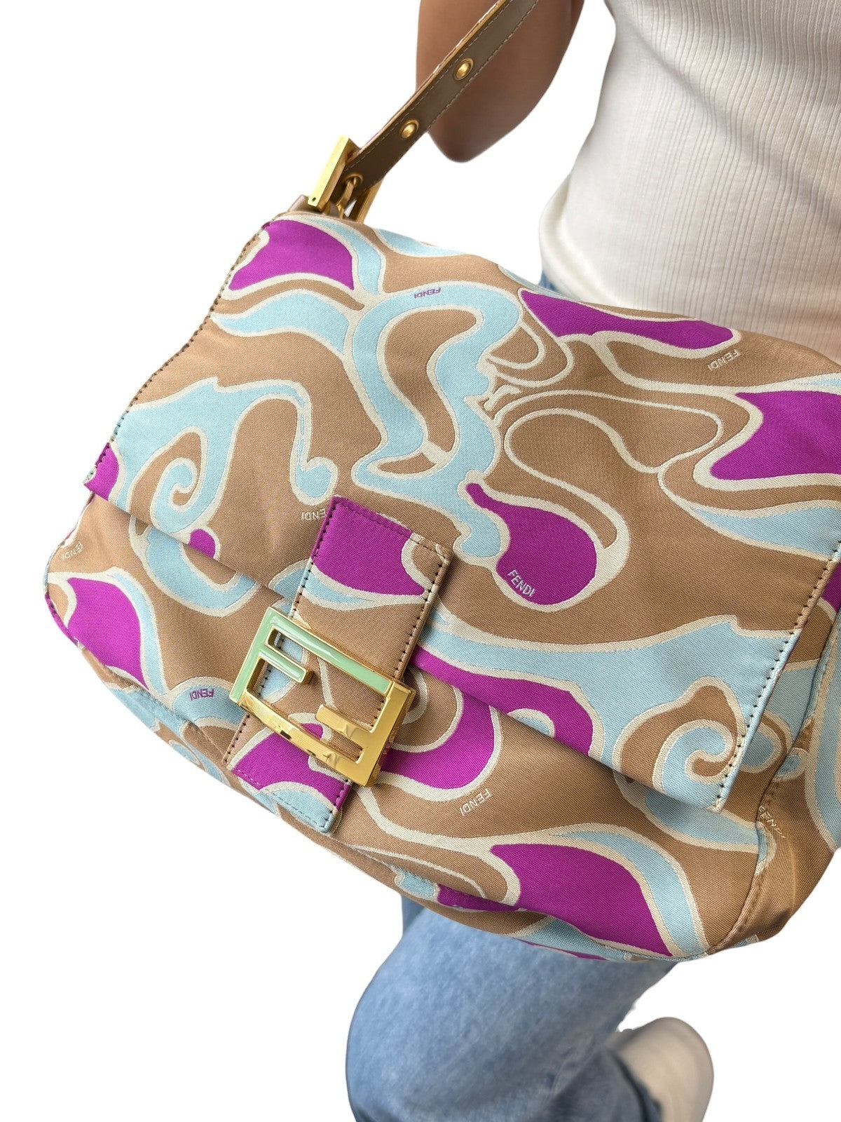 FENDI Vintage FF Logo Mamma Baguette Psychedelic Print Shoulder Bag Silk Beige