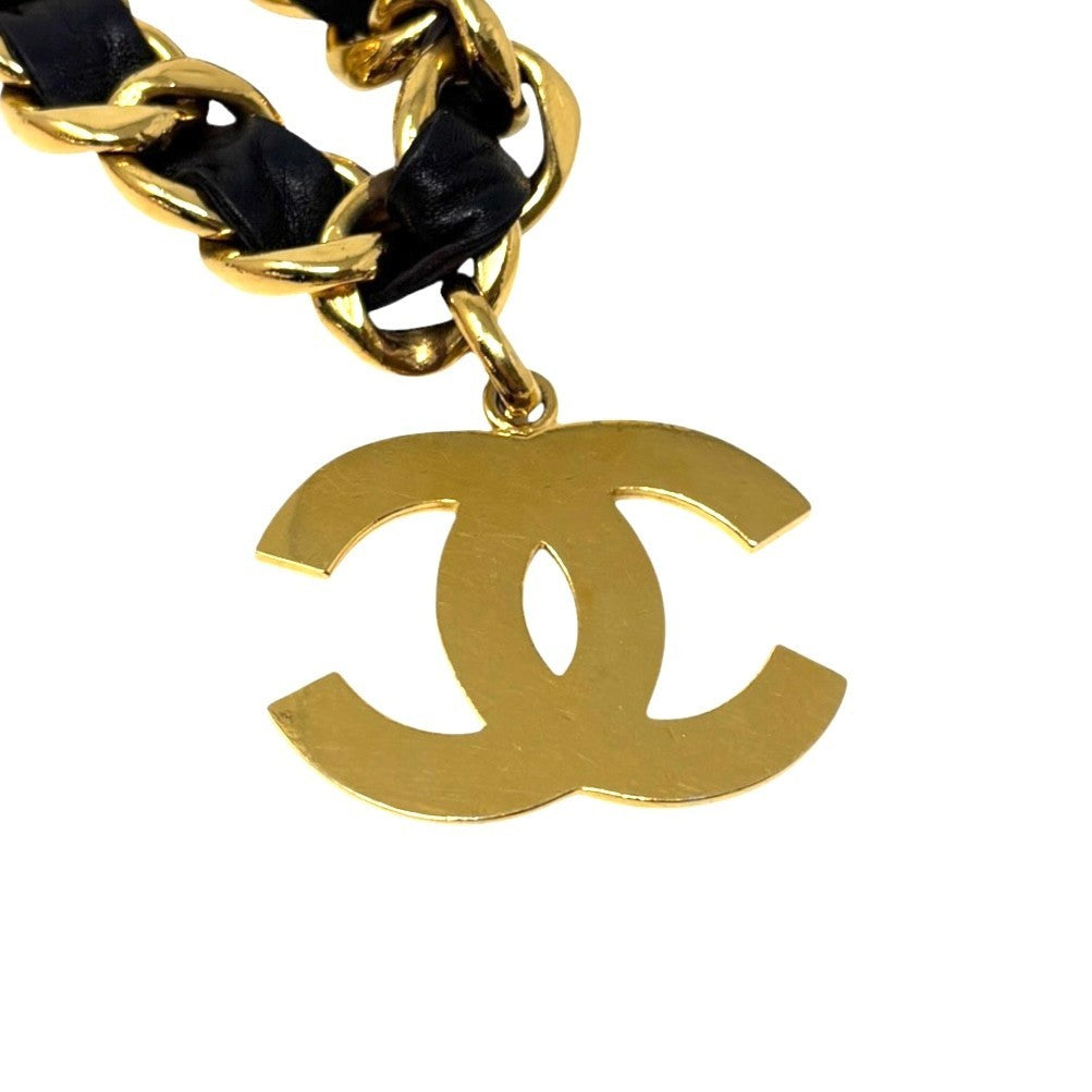 CHANEL Vintage CC Logo Chain Belt Accessory Gold Black Metal Leather 901898