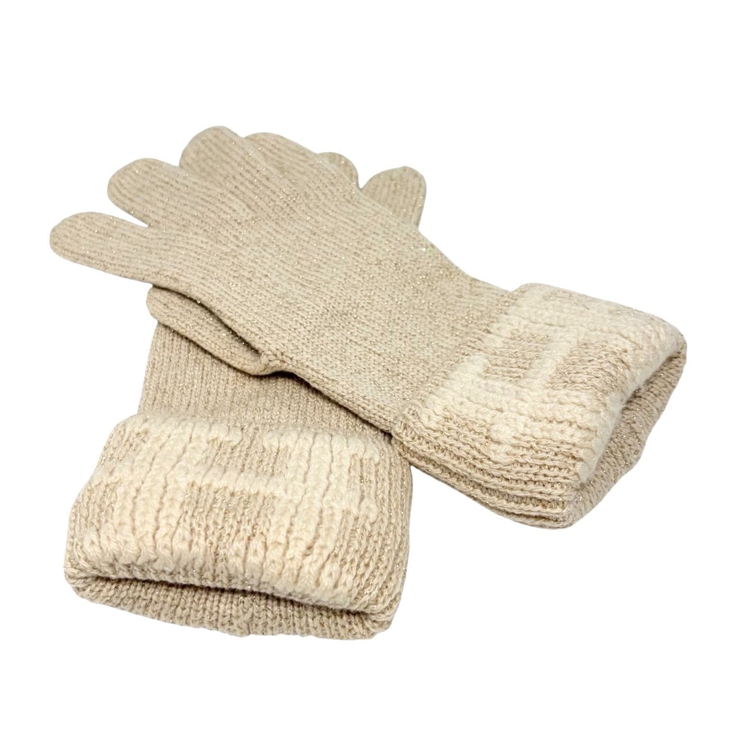 HERMES Vintage H Logo Embroidery Cashmere Ribbed Knit Gloves Glitter Beige Gold