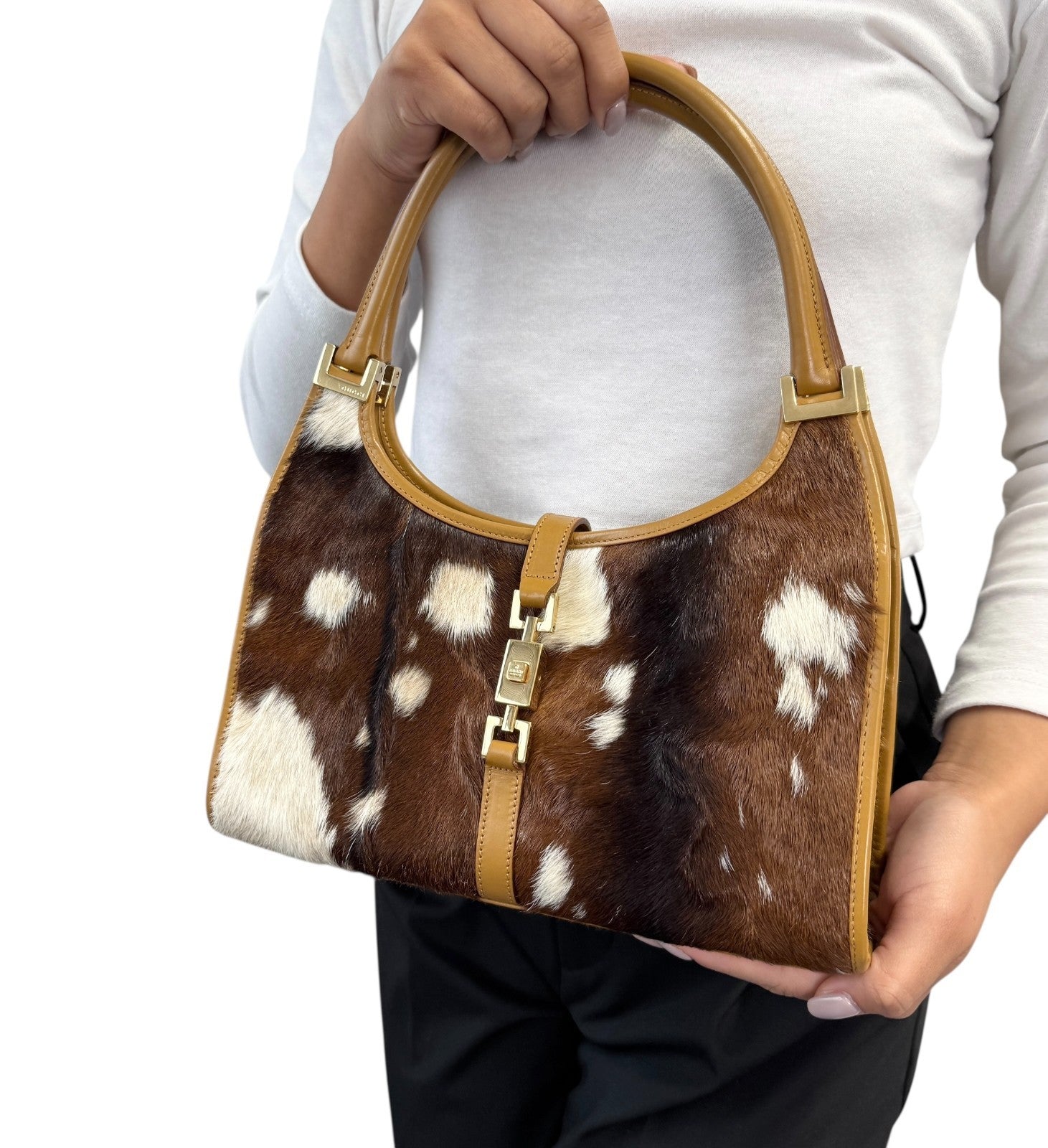 GUCCI Vintage Jackie Cow Pony Calf Hair Shoulder Bag Brown Gold Leather