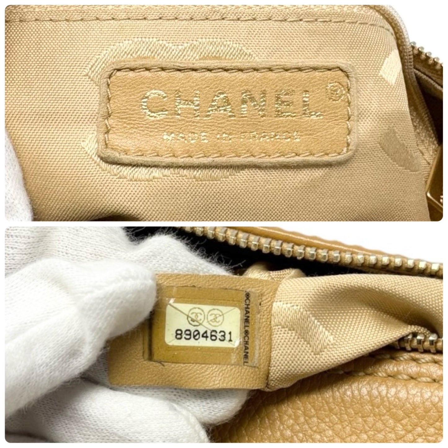CHANEL Vintage Big CC Logo Leather Shoulder Hobo Bag Beige Gold Stitch Chain