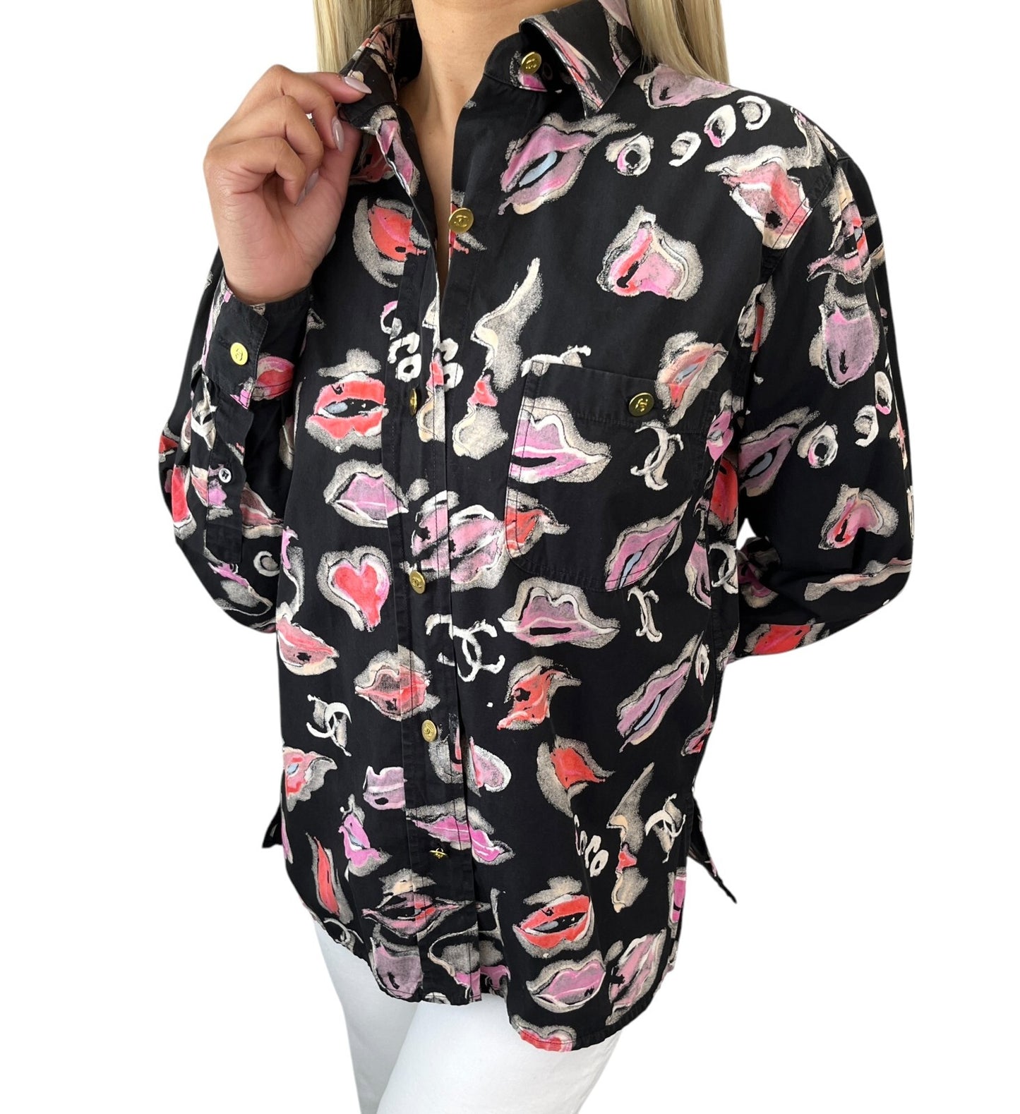 CHANEL Vintage 1995 CC Logo Lip Print Shirt Blouse Top Button Black Pink Cotton