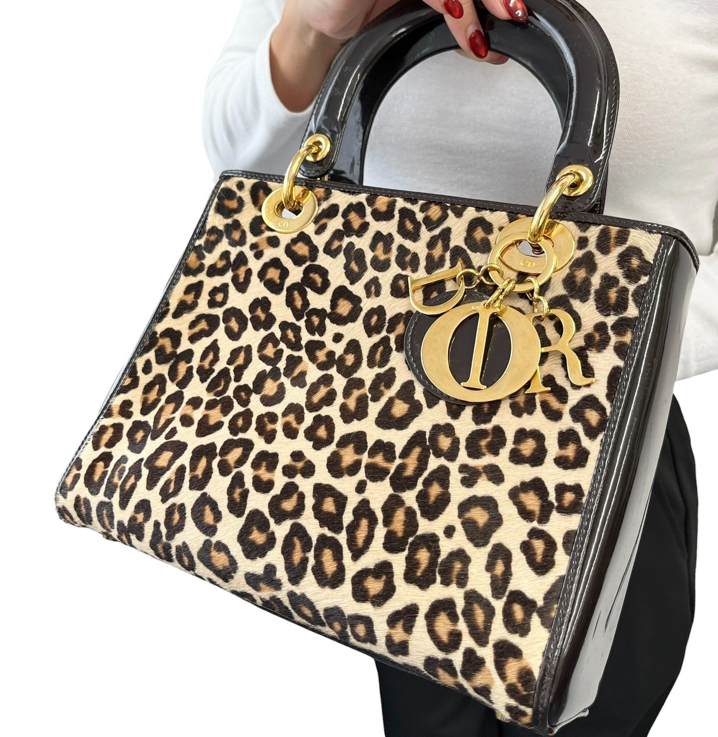 Christian Dior Vintage 2007 Lady Dior Pony Calf Hair Leopard Tote Bag Brown Gold