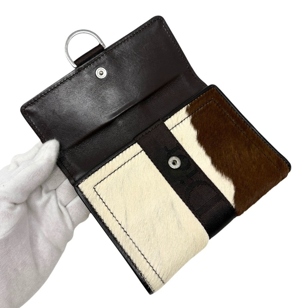 Dior Vintage Logo Cow Print Pony Calf Hair Mini Wallet Brown White 901888