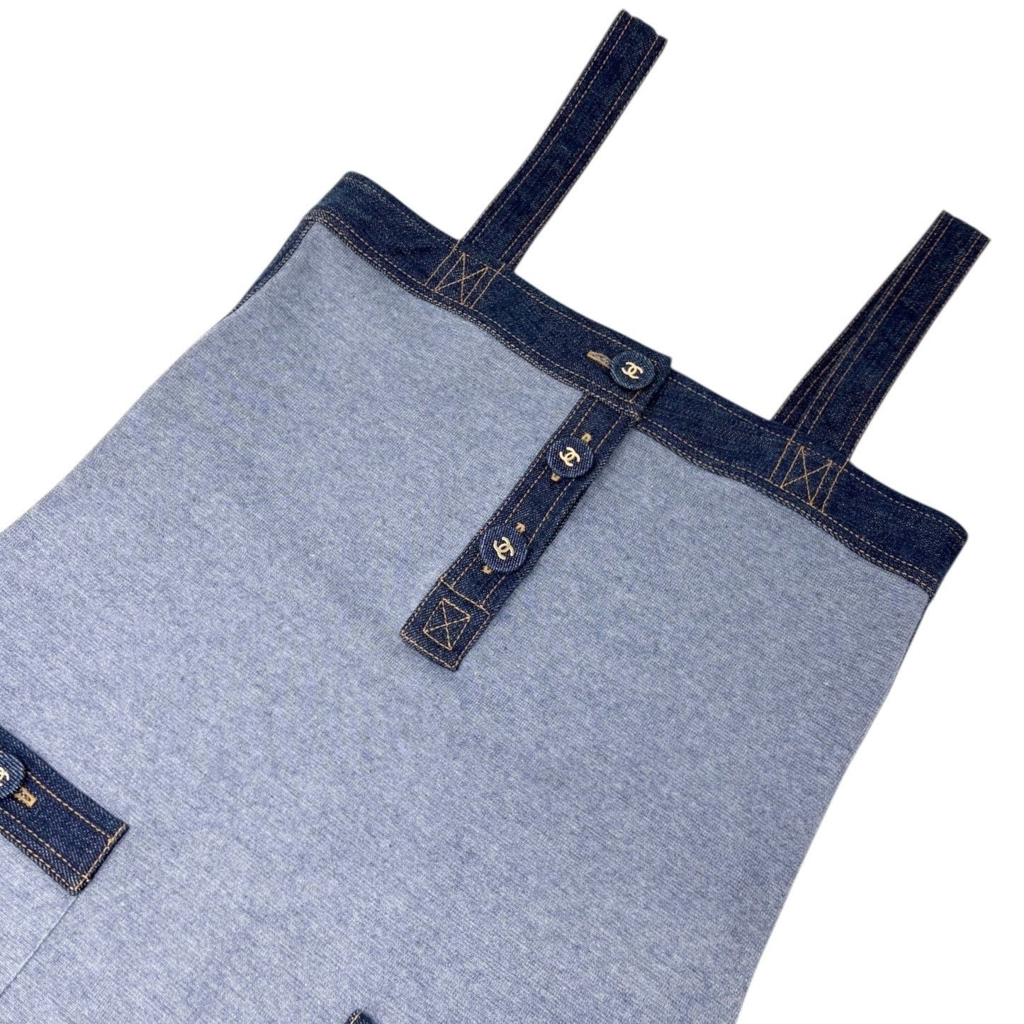 CHANEL Vintage 07P CC Mark Logo Sleeveless Dress #34 Denim Blue Cotton Silk