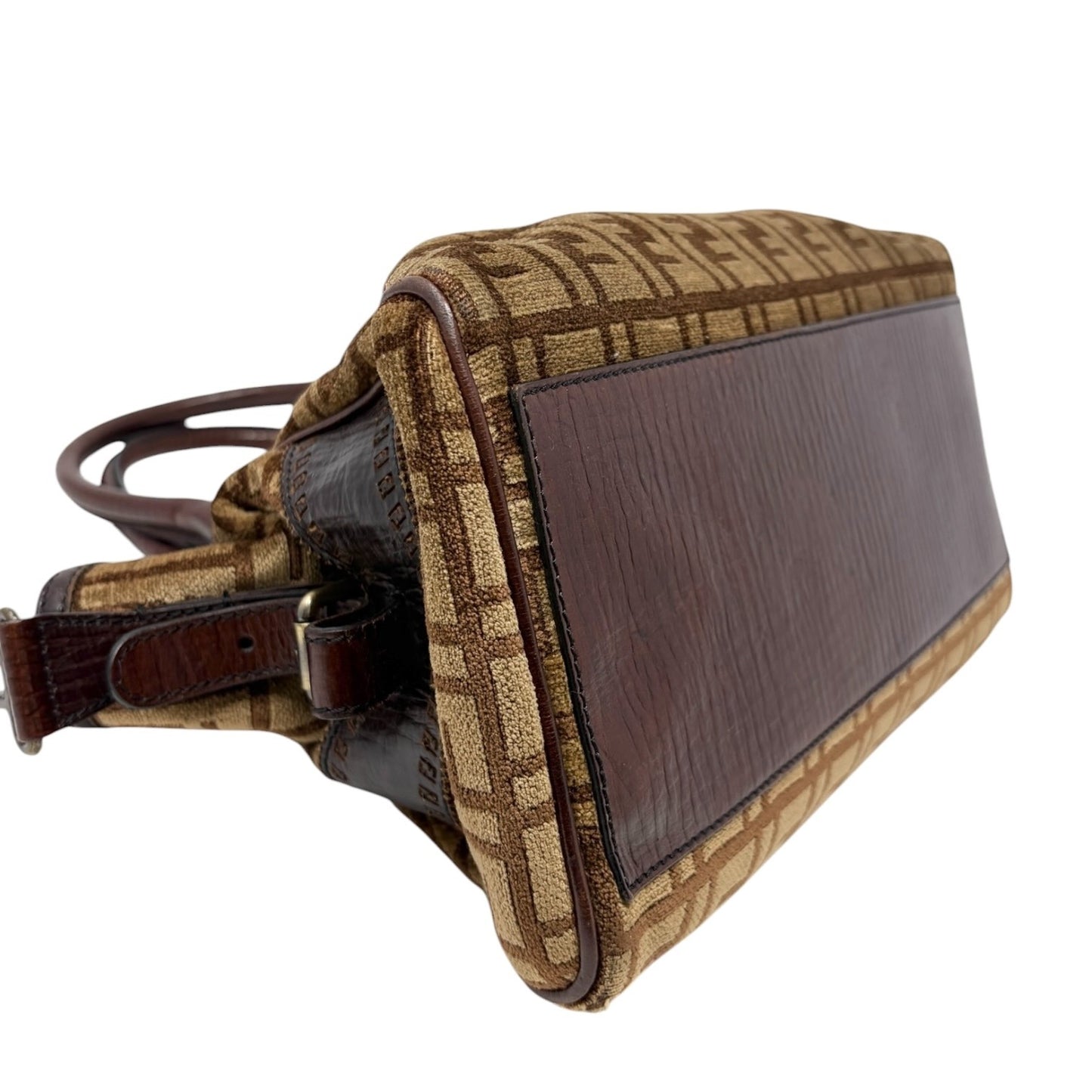 FENDI Vintage FF Logo Zucca Etniko Shoulder Bag Brown Gold Velour Leather